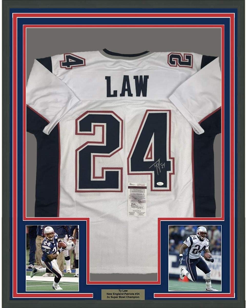 Framed Autographed/Signed Ty Law 35x39 New England White Football Jersey JSA COA