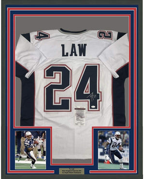 Framed Autographed/Signed Ty Law 35x39 New England White Football Jersey JSA COA
