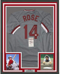 Framed Autographed/Signed Pete Rose 4256 35x39 Cincinnati Grey Baseball Jersey JSA COA