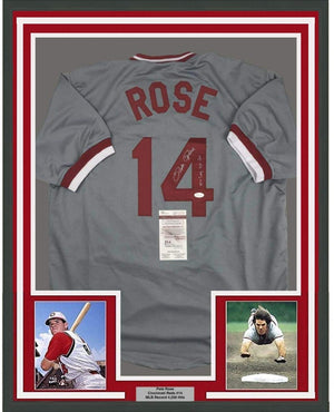 Framed Autographed/Signed Pete Rose 4256 35x39 Cincinnati Grey Baseball Jersey JSA COA