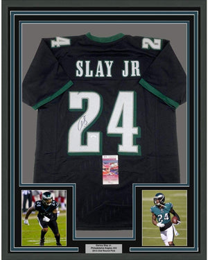 Framed Autographed/Signed Darius Slay Jr. 35x39 Philadelphia Black Football Jersey JSA COA