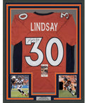 Framed Autographed/Signed Phillip Lindsay 35x39 Denver Orange Football Jersey JSA COA