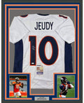 Framed Autographed/Signed Jerry Jeudy 35x39 Denver White Football Jersey JSA COA