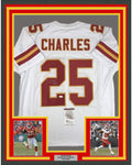 Framed Autographed/Signed Jamaal Charles 35x39 Kansas City White Football Jersey JSA COA