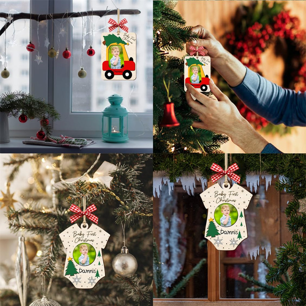 Baby's First Christmas Ornament with Name Wooden Baby 1st Christmas Ornament Picture Frame Car Babys Photo Xmas Tree Ornaments Keepsake for New Mom Dad Birthday