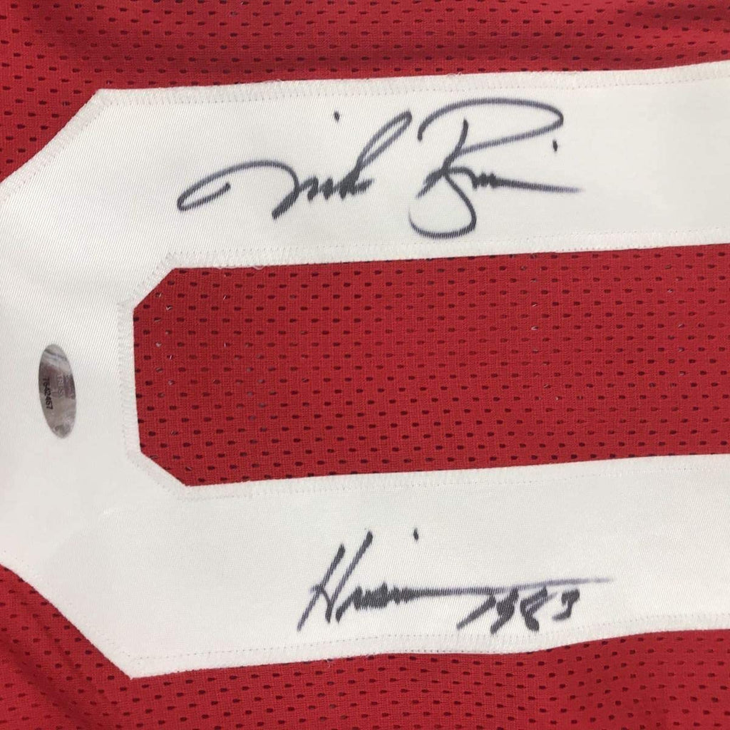 Framed Autographed/Signed Mike Rozier 35x39 Heisman 1983 Nebraska Red College Football Jersey Tristar COA Holo