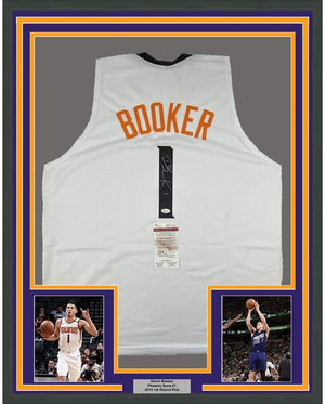 Framed Autographed/Signed Devin Booker 35x39 Phoenix White Basketball Jersey JSA COA