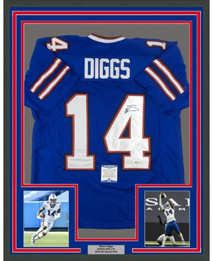Framed Autographed/Signed Stefon Diggs 35x39 Buffalo Blue Football Jersey Beckett BAS COA