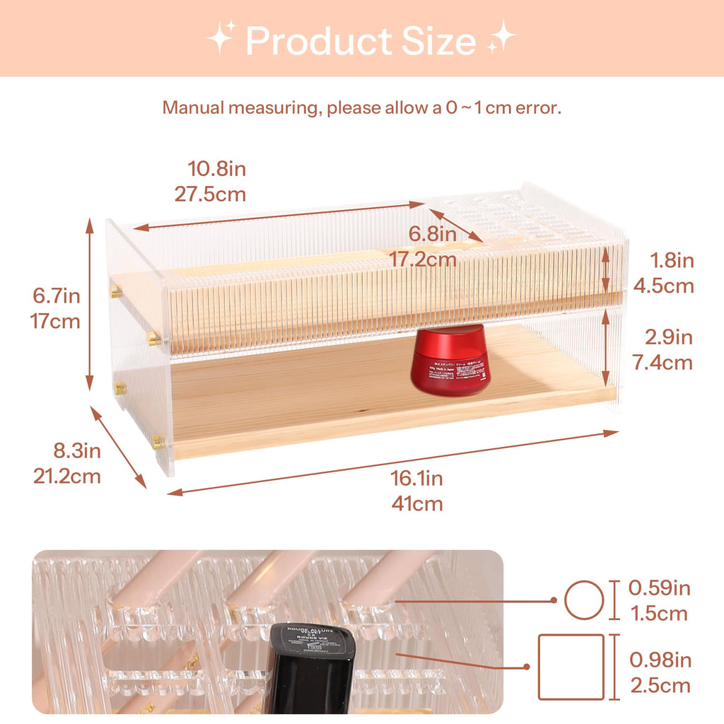 KAOTGOT Pine Wood Acrylic Makeup Organizer with Brush & Lipstick Holder