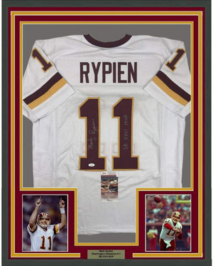 Framed Autographed/Signed Mark Rypien SB XXVI MVP 35x39 Washington White Football Jersey JSA COA