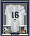 Framed Autographed/Signed Whitey Ford 35x39 New York Pinstripe Baseball Jersey PSA/DNA COA #2