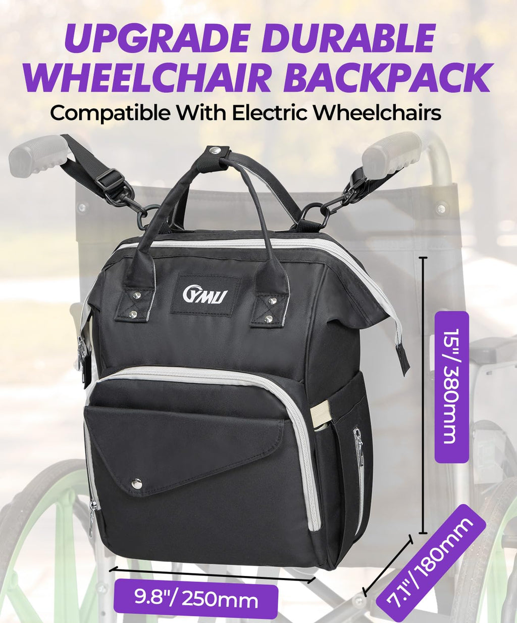 YMU Wheelchair Backpack Bag Large Insulated Pocket Black Shoulder Strap