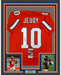 Framed Autographed/Signed Jerry Jeudy 35x39 Denver Retro Orange Football Jersey JSA COA