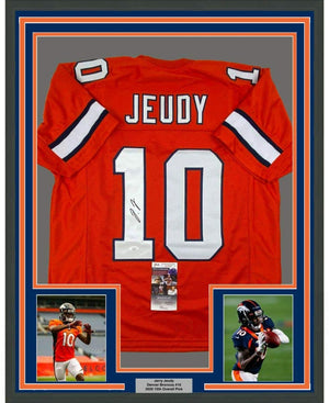 Framed Autographed/Signed Jerry Jeudy 35x39 Denver Retro Orange Football Jersey JSA COA