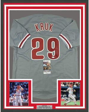 Framed Autographed/Signed John Kruk 35x39 Philadelphia Grey Baseball Jersey JSA COA