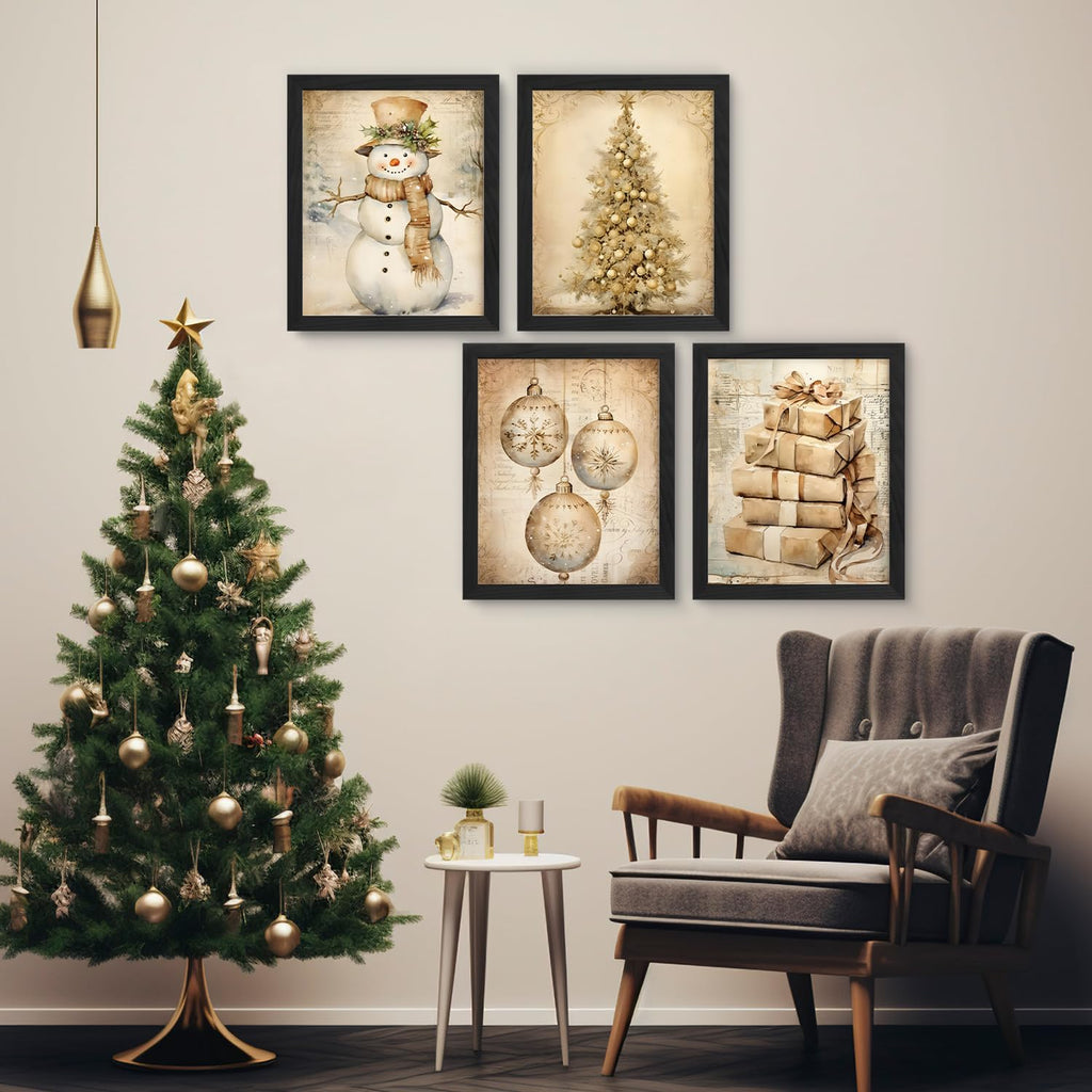 JXREQ Vintage Christmas Wall Art Prints 8x10 Snowman Tree Set of 4 Unframed