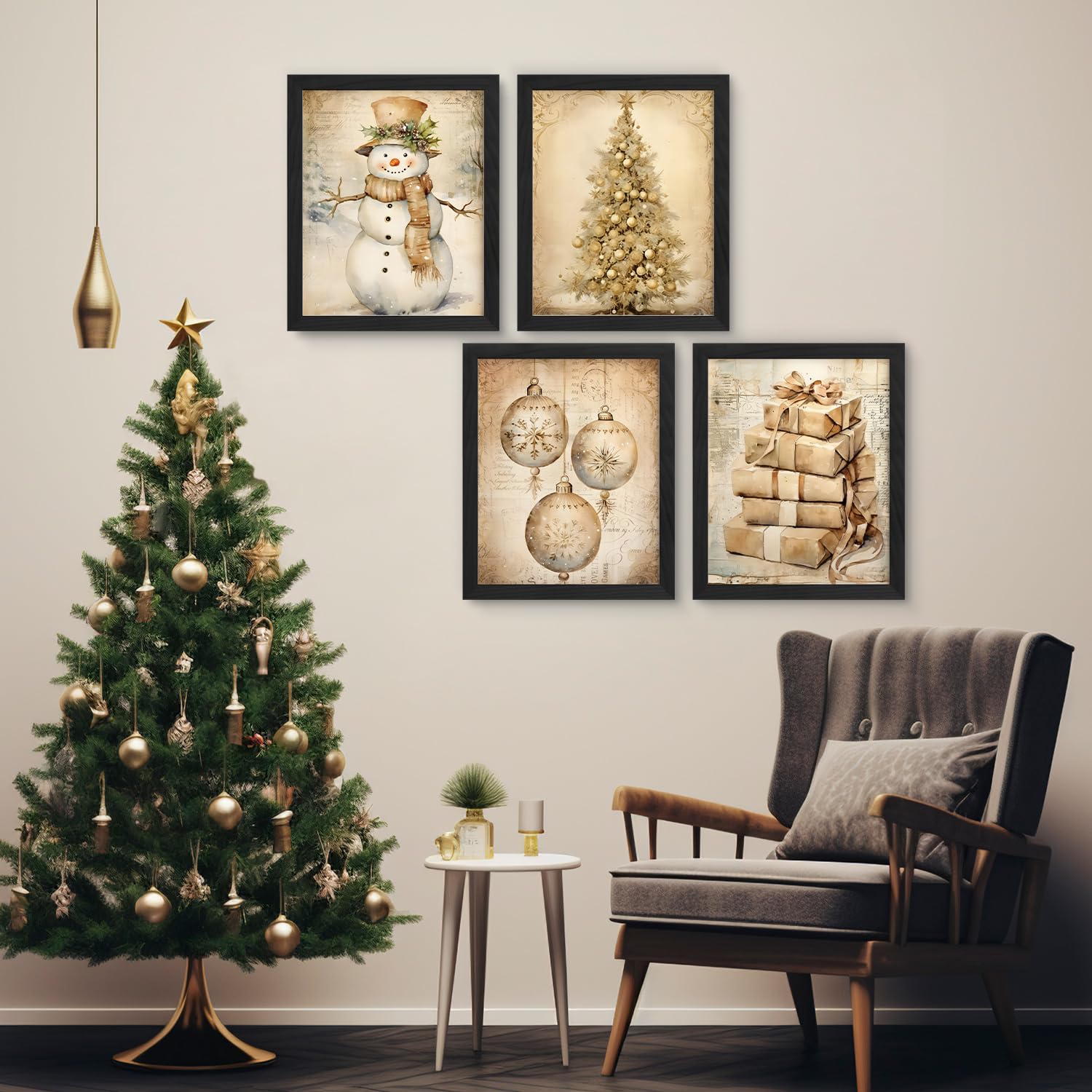 JXREQ Vintage Christmas Wall Art Prints 8x10 Snowman Tree Set of 4 Unframed