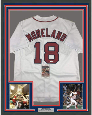 Framed Autographed/Signed Mitch Moreland 35x39 Boston White Baseball Jersey JSA COA