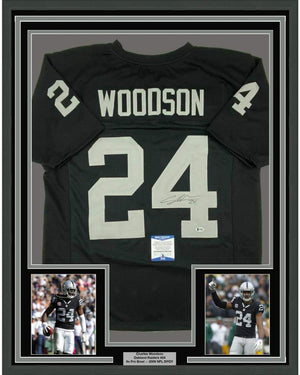 Framed Autographed/Signed Charles Woodson 35x39 Oakland Black Football Jersey Beckett BAS COA