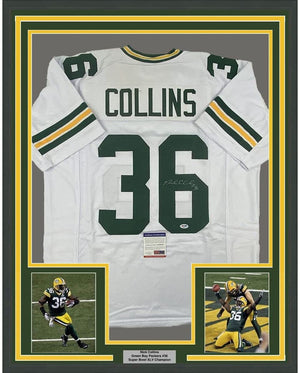 Framed Autographed/Signed Nick Collins 35x39 Green Bay White Football Jersey PSA/DNA COA