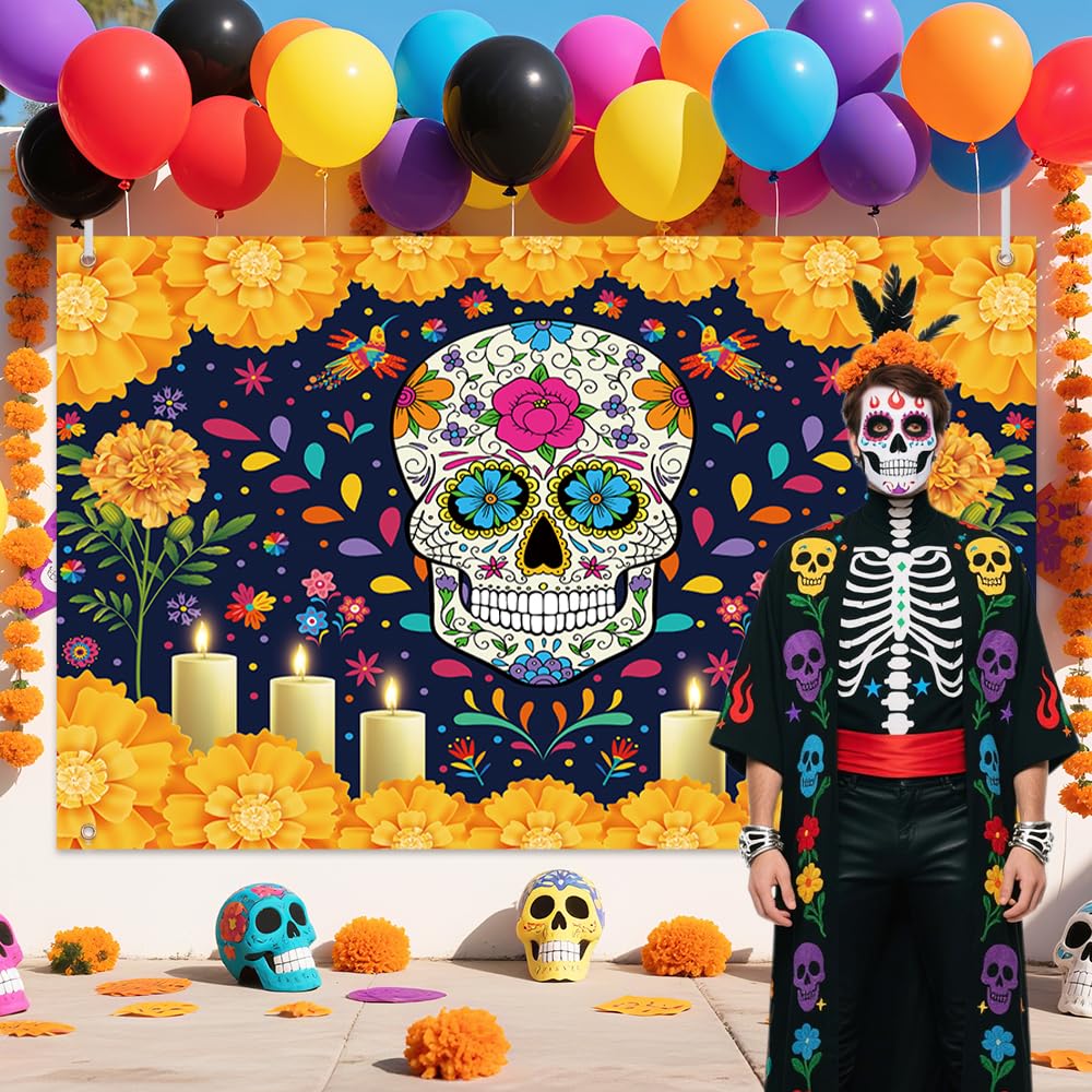 Sendy Day of The Dead Sugar Skull Backdrop 7x5ft Vibrant Colors Vinyl