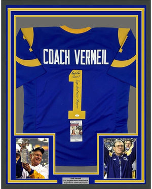 Framed Autographed/Signed Dick Vermeil 35x39 Super Bowl XXXIV St. Louis Royal Blue Football Jersey JSA COA
