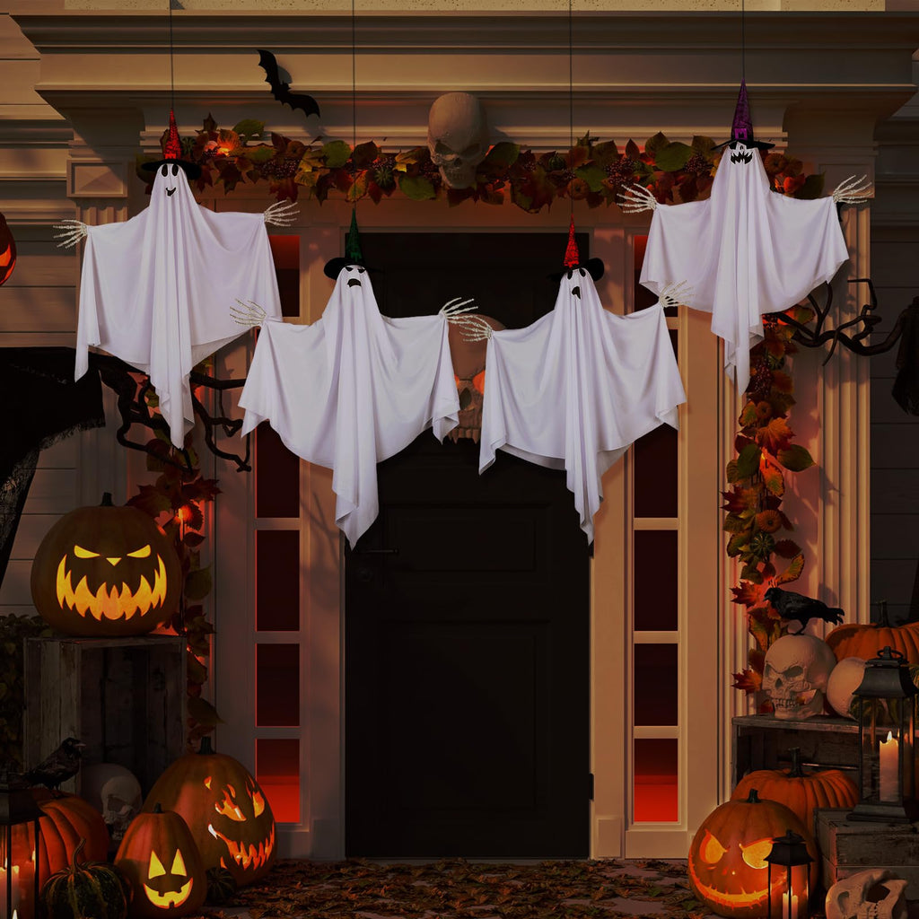 Threan 4-Piece Hanging Ghost Decorations 28-35" White Halloween Decor