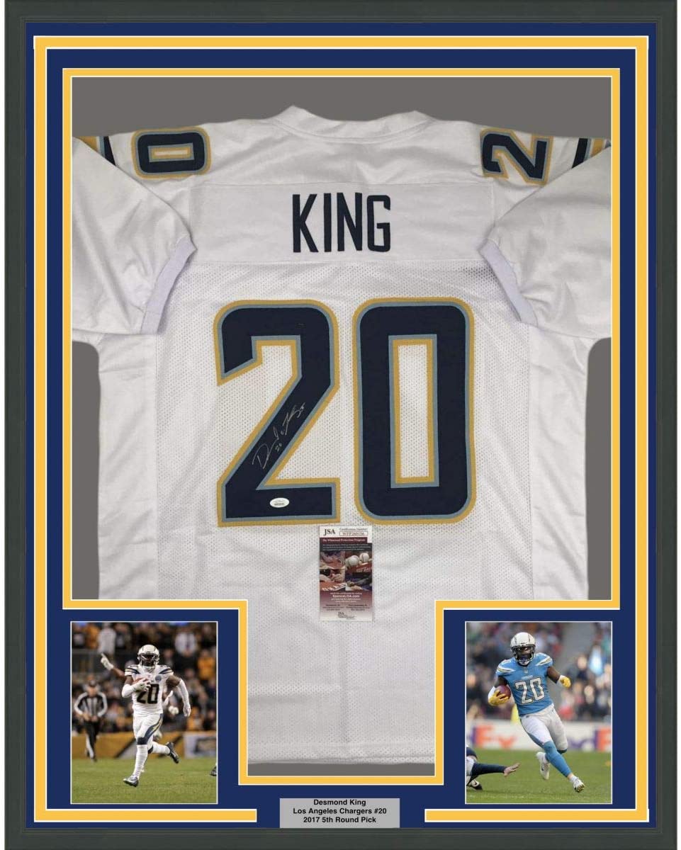Framed Autographed/Signed Desmond King 35x39 Los Angeles LA White Football Jersey JSA COA