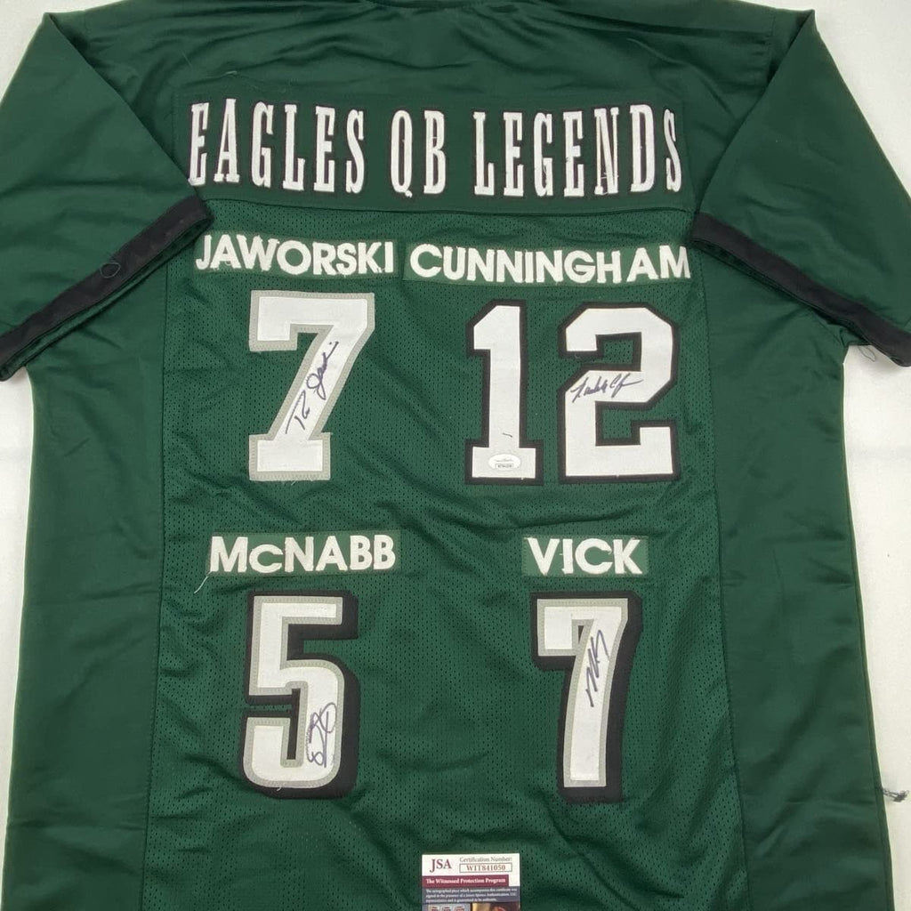 Framed Autographed/Signed Eagles QB Legends McNabb Cunningham Vick Jaworski 35x39 Philadelphia Green Football Jersey JSA COA