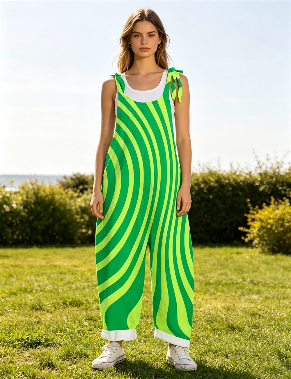 Women Green Abstract Geometric Print Tie Strap Overalls, Loose Wide Leg Rolled Cuff Casual Jumpsuit With Pockets