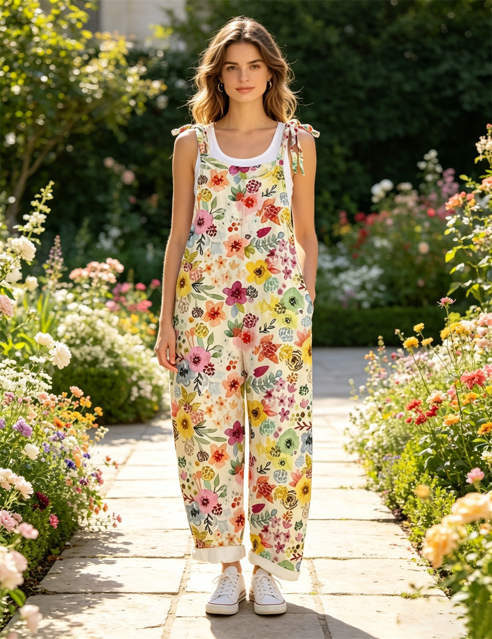 Women White Plaid Bow Print Tie Strap Overalls, Loose Wide Leg Rolled Cuff Casual Jumpsuit With Pockets