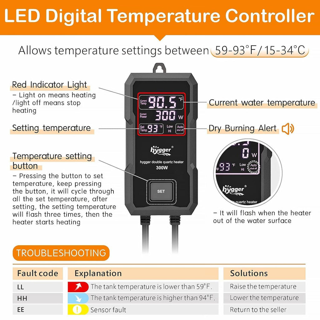 Hygger Aquarium Heater 300W-1000W LED Controller Fresh Saltwater Tank