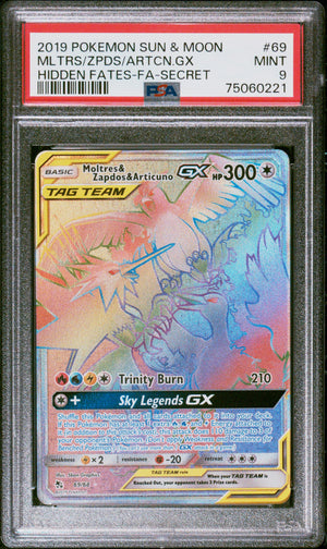 Graded 2019 PKM Sun & Moon Moltres/Zapdos/Articuno GX #69 Hidden Fates Trading Card Game PSA 9 Mint