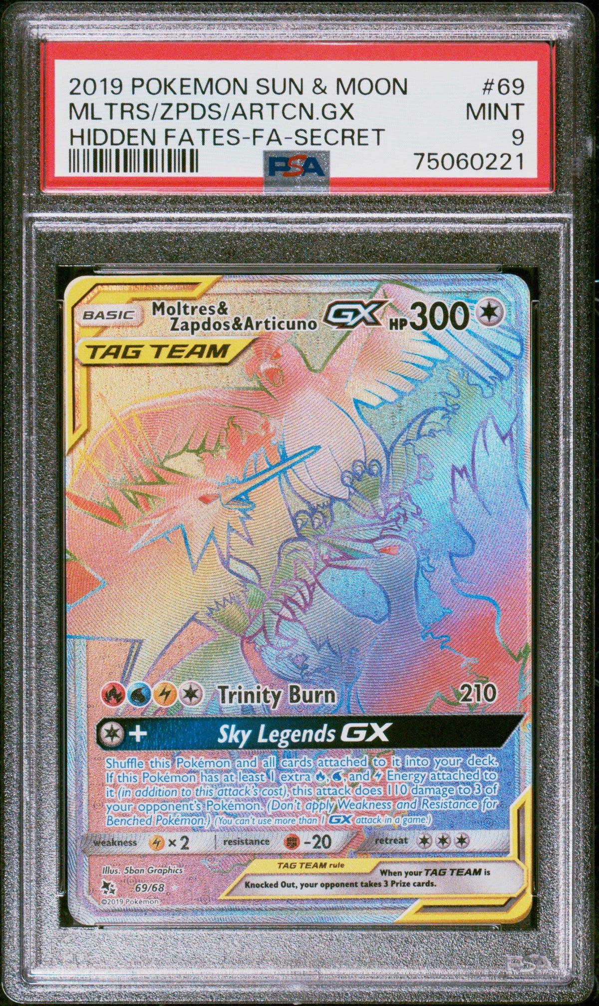 Graded 2019 PKM Sun & Moon Moltres/Zapdos/Articuno GX #69 Hidden Fates Trading Card Game PSA 9 Mint