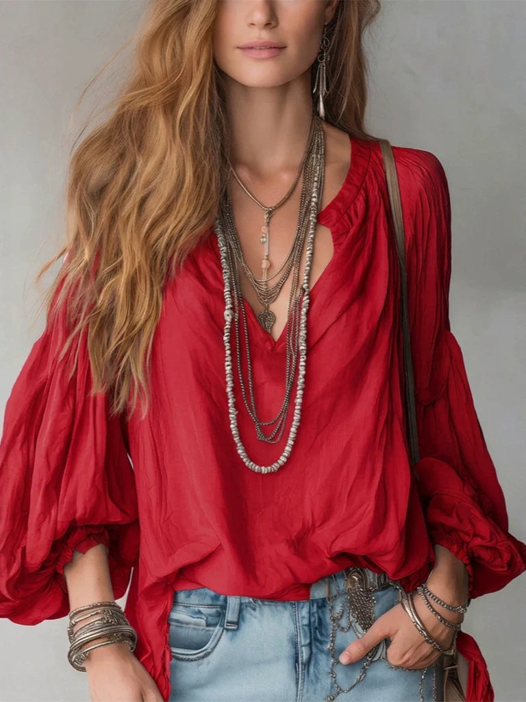 Women's Bohemian Style Simple Casual Loose Long Sleeve Blouse