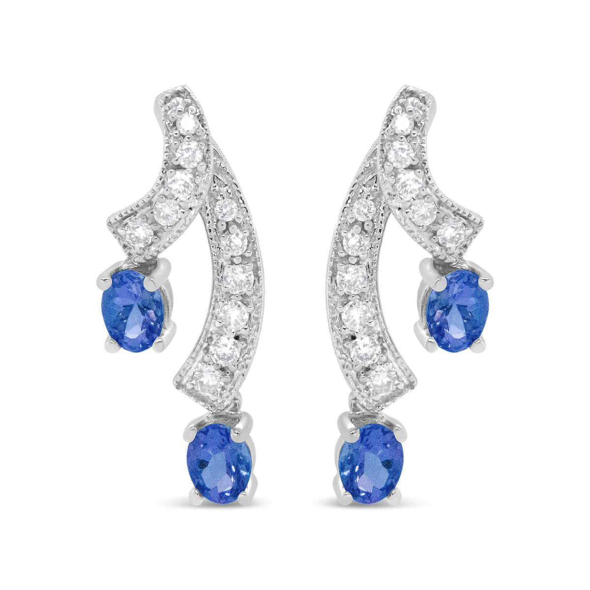 14K White Gold 4x3MM Oval Shaped Natural Blue Tanzanite Gemstone and 1/5 Cttw Diamond Double 3/4" Inch Drop Stud Earrings (H-I Color, VS1-VS2 Clarity)