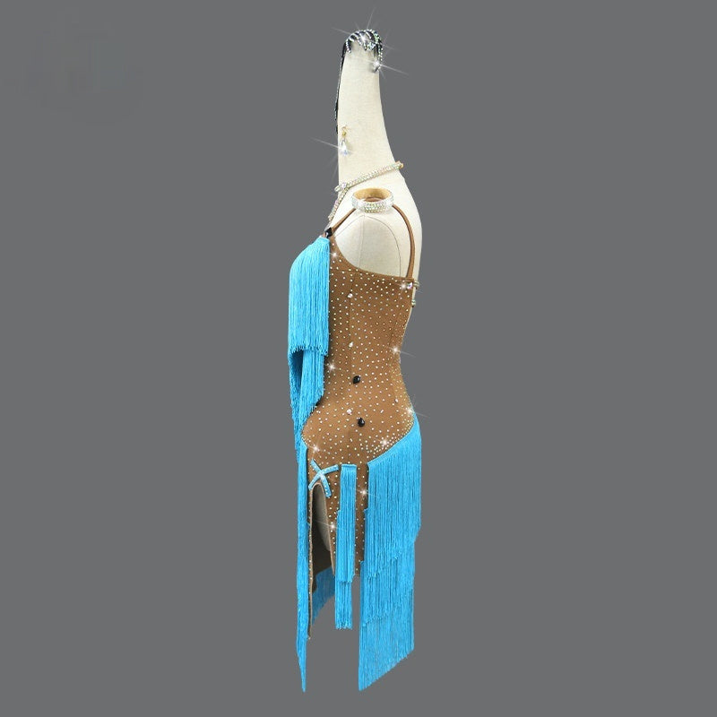 High-End Fringed Dress For Professional Latin Dance Competitions In Blue