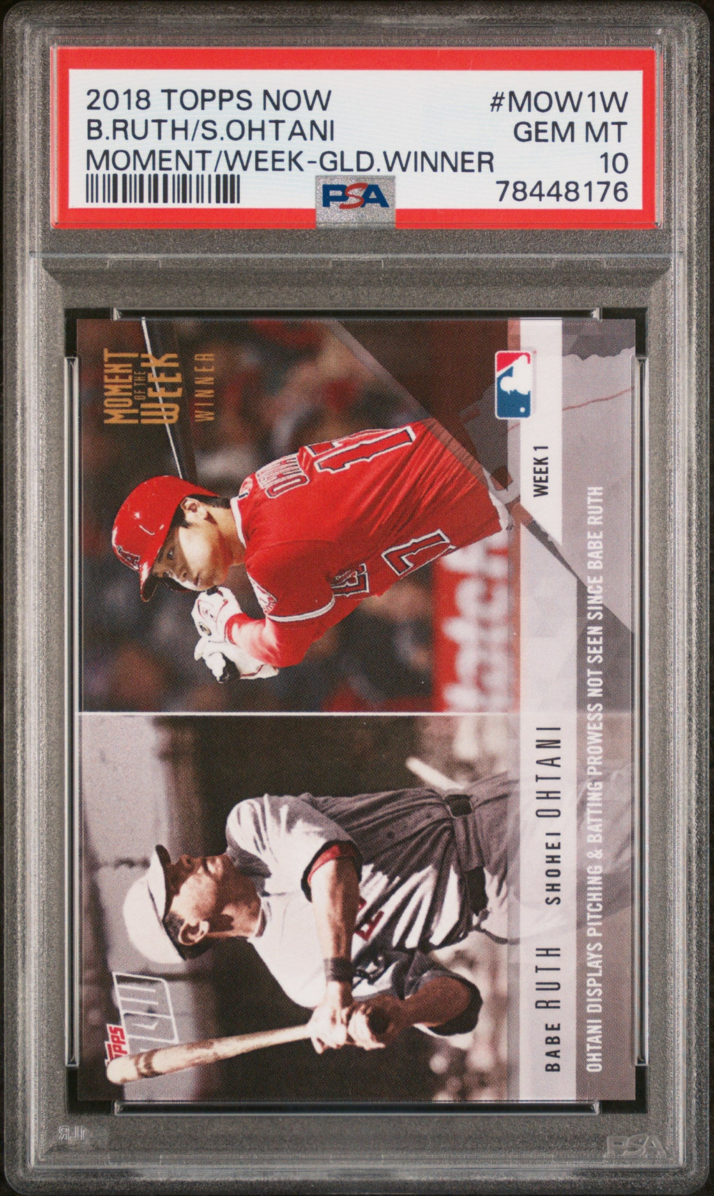 Graded 2018 Topps Now Shohei Ohtani/Babe Ruth #1W Moment of the Week Gold Winner Rookie RC Baseball Card PSA 10 Gem Mint