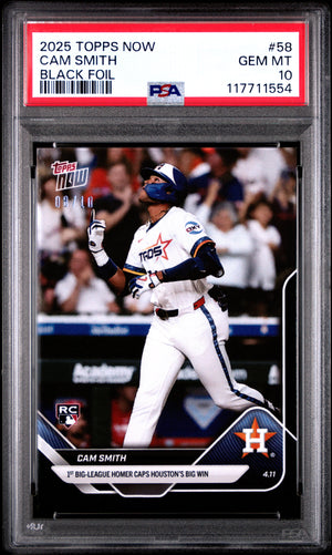 Graded 2025 Topps Now Cam Smith #58 Black Foil /10 Rookie RC Baseball Card PSA 10 Gem Mint