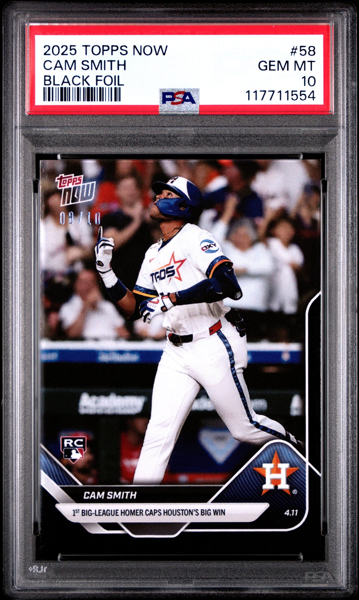 Graded 2025 Topps Now Cam Smith #58 Black Foil /10 Rookie RC Baseball Card PSA 10 Gem Mint