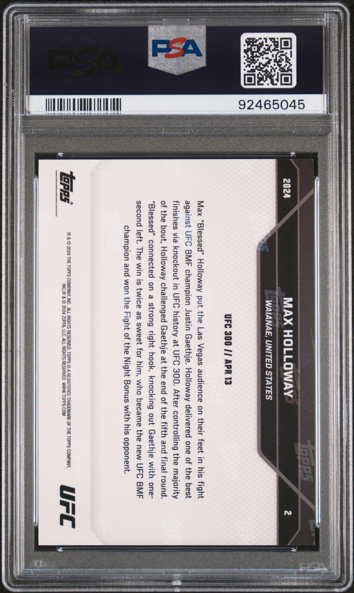 Graded 2024 Topps Now Max Holloway #2 BMF Knockout UFC MMA Card PSA 10 Gem Mint