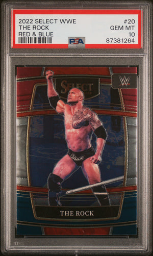 Graded 2022 Panini Select WWE The Rock #20 Red & Blue Wrestling Card PSA 10 Gem Mint