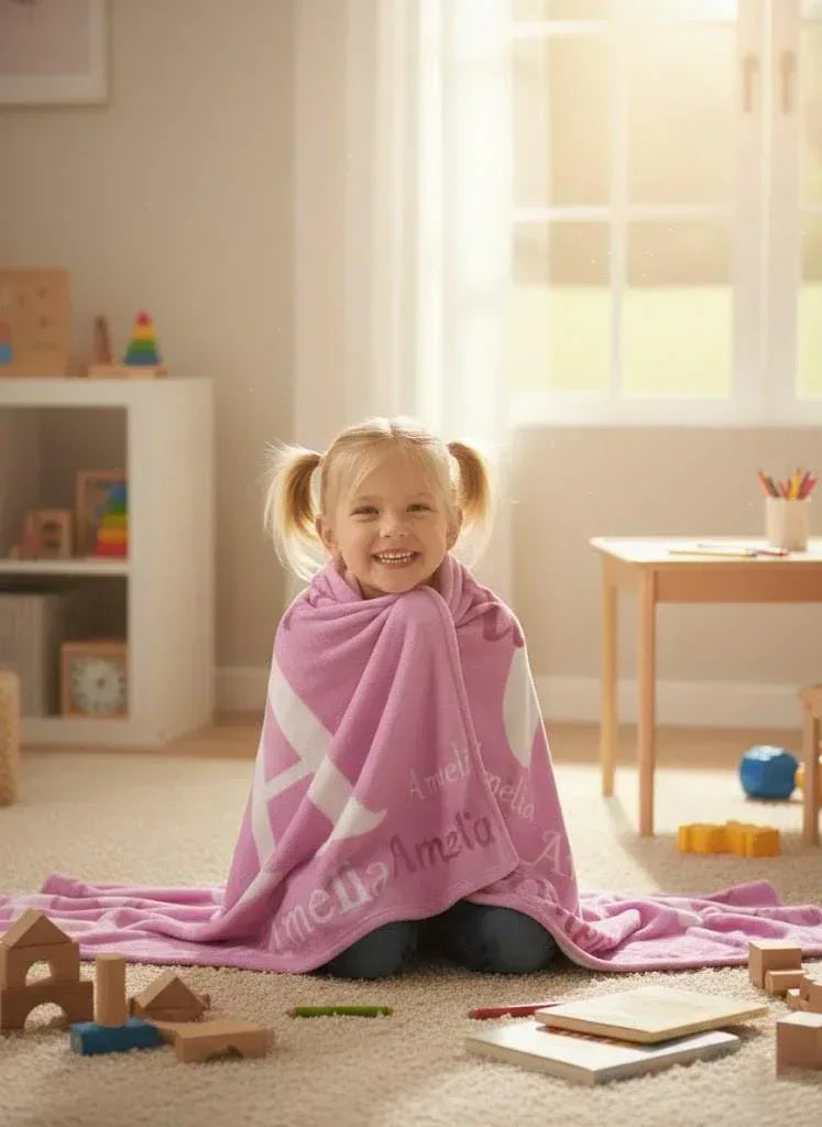 Your Letter and Name - Personalized Name Blanket: Pink & White Flannel Fleece Throw