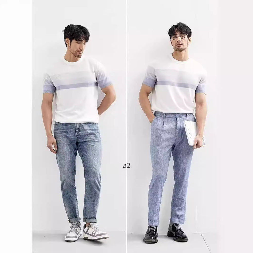 Summer New Light Mature Short Sleeve Knitted Sweater Men Gradient Color Block Stripe