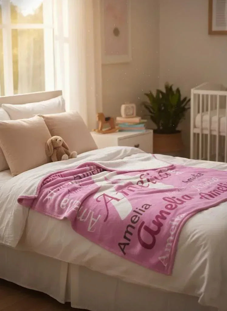 Your Letter and Name - Personalized Name Blanket: Pink & White Flannel Fleece Throw