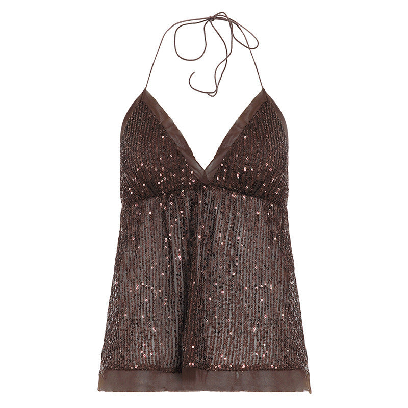 Sequin-embellished Mesh Halter-neck Lace-up Vest
