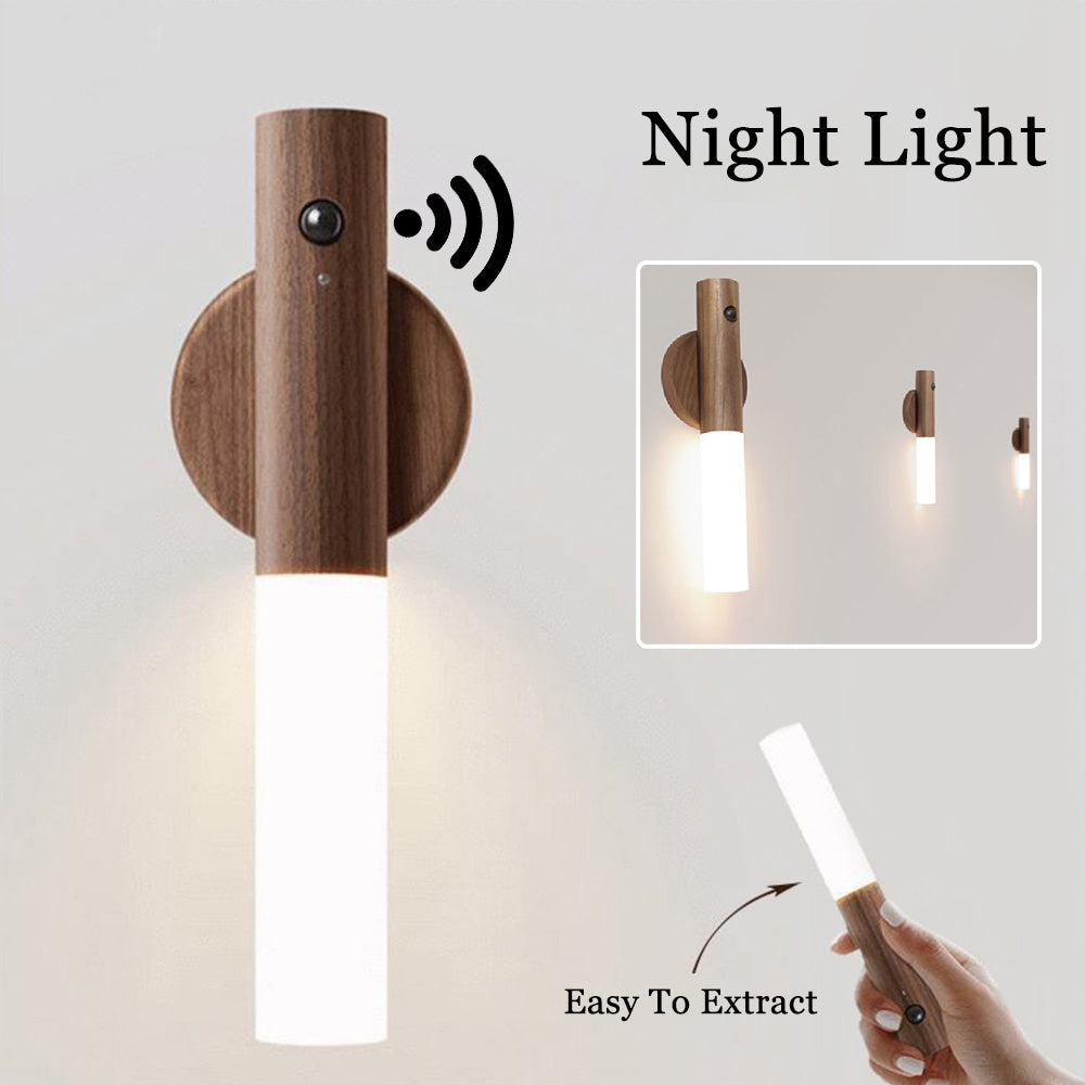 PIR Motion Sensor Night Light – Magnetic Wooden LED Wall Lamp, Rechargeable