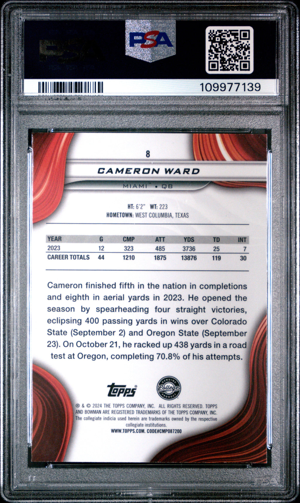 Graded 2024 Topps Bowman Best University Cam Ward #8 Rookie RC Football Card PSA 9 Mint
