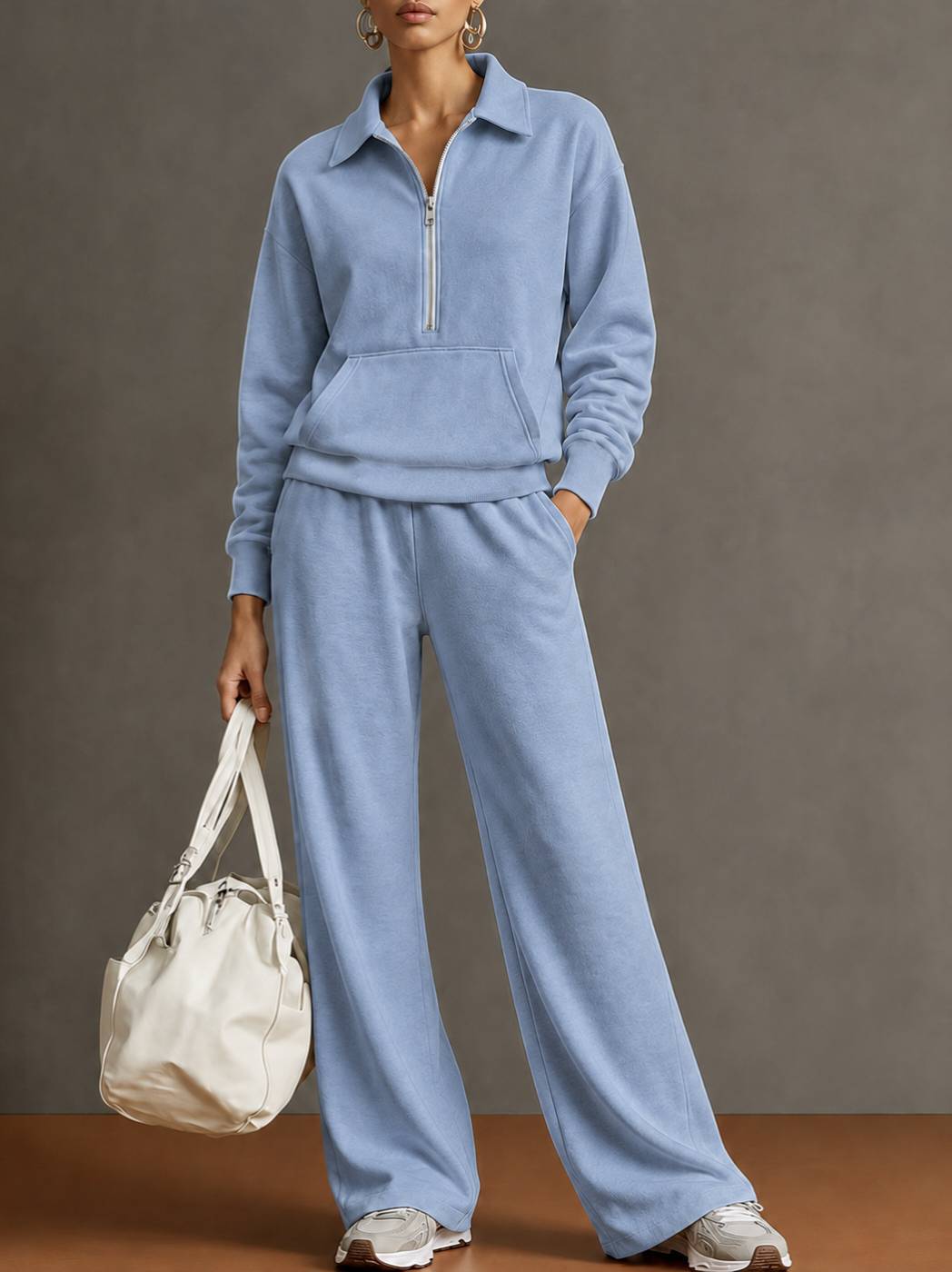 Autumn And Winter New Cross-Border European And American Women's Clothing Lapel Half-Zip Sweatshirt Loose Casual Wide-Leg Pants Two-Piece Set For Women