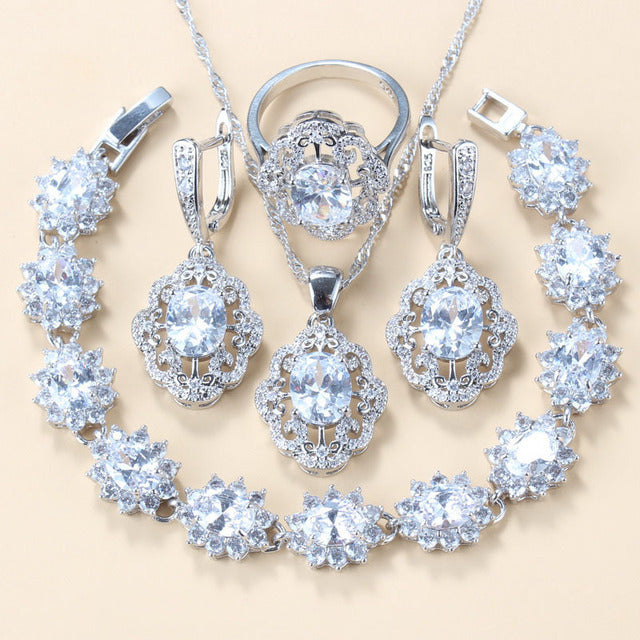 Garnet Cubic Zirconia Earrings Pendant Necklace Bracelet Ring Gift 4 PCs Set